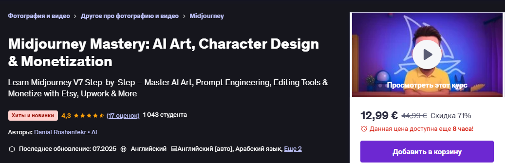 [Udemy] [Danial Roshanfekr] Midjourney Mastery: ИИ-арт, дизайн персонажей и монетизация (2025)